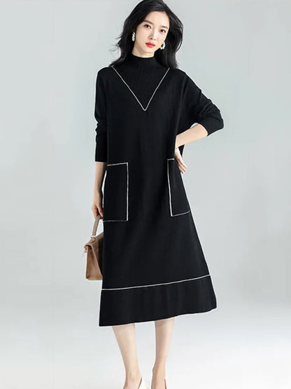 XITAO Split Dress Fashion Pullover Full Sleeve Goddess Fan Casual Style Spring Minority Pocket Solid Color Dress WLD13234