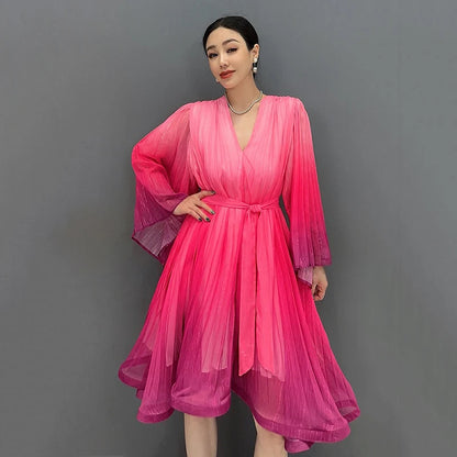 XITAO Gradient Gauze Female Dress Deep V-neck Flare Sleeve Folds Bandage Knee-length Dress 2024 New Temperament Women WLD20251