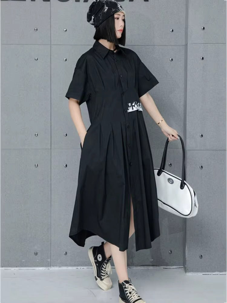 XITAO Loose Turn-down Collar Mid-calf A-line Solid Color Dress Irregular New Thin Single Breasted Buckle Female Dress GMM1019