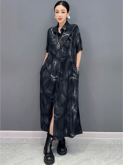 X XITAO Patchwork Print Single Breasted Lapel Dress Casual Loose Fitting Short Sleeve New Arrival Leisure Summer Female Dress GMM1317