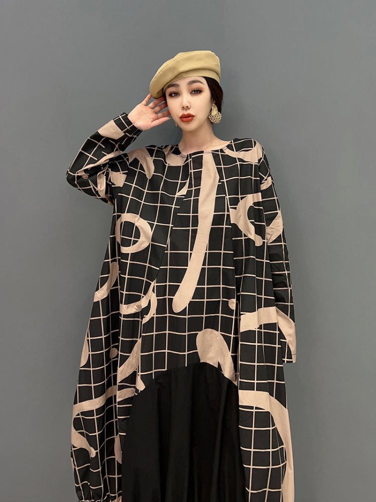 XITAO O-neck Plaid Irregular Dress Full Sleeve Korea Personality Pullover Fashion Loose Women Goddess Fan Casual FBB1573