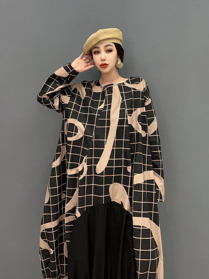 XITAO O-neck Plaid Irregular Dress Full Sleeve Korea Personality Pullover Fashion Loose Women Goddess Fan Casual FBB1573