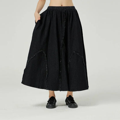 XITAO Vintage Denim Skirt Fashion New Pocket Elastic Waist Spring Summer Pleated Small Fresh Irregular Patchwork Skirt GWJ0153