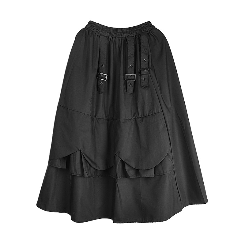 XITAO Sequined Button Pocket Asymmetrical Skirt Patchwork Elastic Waist Loose All Match Solid Color Mid-calf Skirt GMM1283