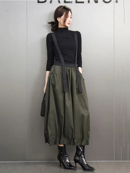 XITAO Suspenders Contrast Color Pocket Skirts Elastic Waist Patchwork Loose Fashion Mid-calf Casual All Match Skirt GMM1259