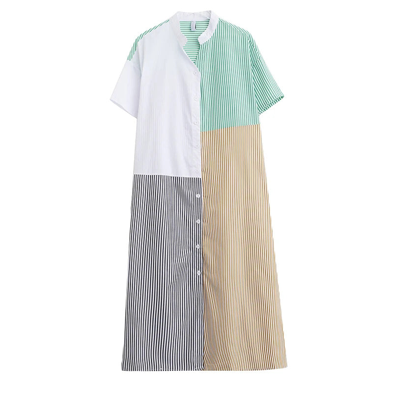 XITAO Casual Striped Shirt Dress Asymmetrical Contrast Color Patchwork Stand Collar Short Sleeve Women Dress Summer New ZY8805