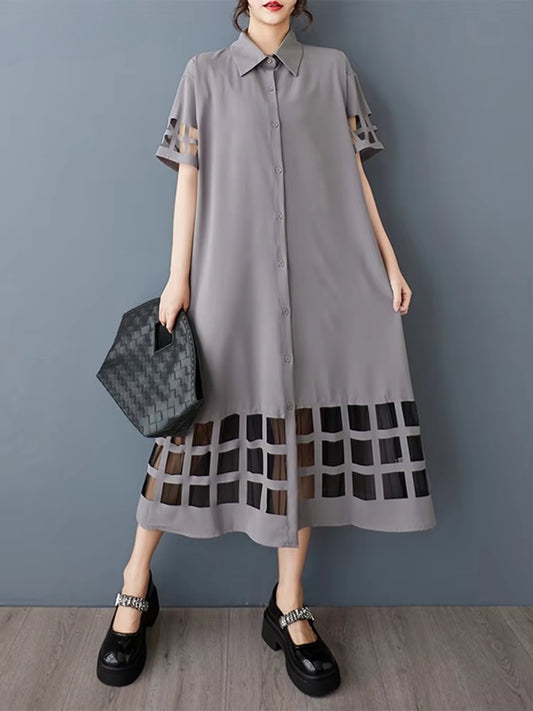 XITAO Patchwork Mesh Hollow Out Dress Solid Color Loose Half Sleeve Mid-calf A-line Elegant Fashion Summer Female Dress GYX1409