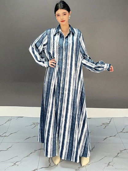 X XITAO Stripe Single Breasted Shirt Collar Dress Fashion New Arrival Vintage Casual Loose Fitting Simple Leisure Women Dress GMM1319