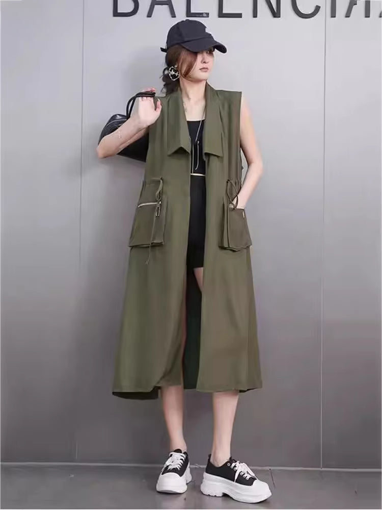 XITAO Pocket Bandage Sleeveless Open Stitch Vest Solid Color All Match Female Turn-down Collar New Summer Casual Vest GMM1370