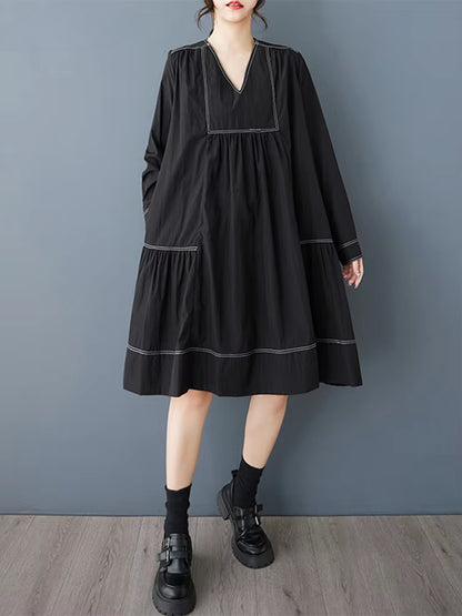 XITAO Patchwork Pleated V-neck Dress Full Sleeve Casual Solid Color A-line Fashion Sweet Slimming Spring Female Dress GYX1408