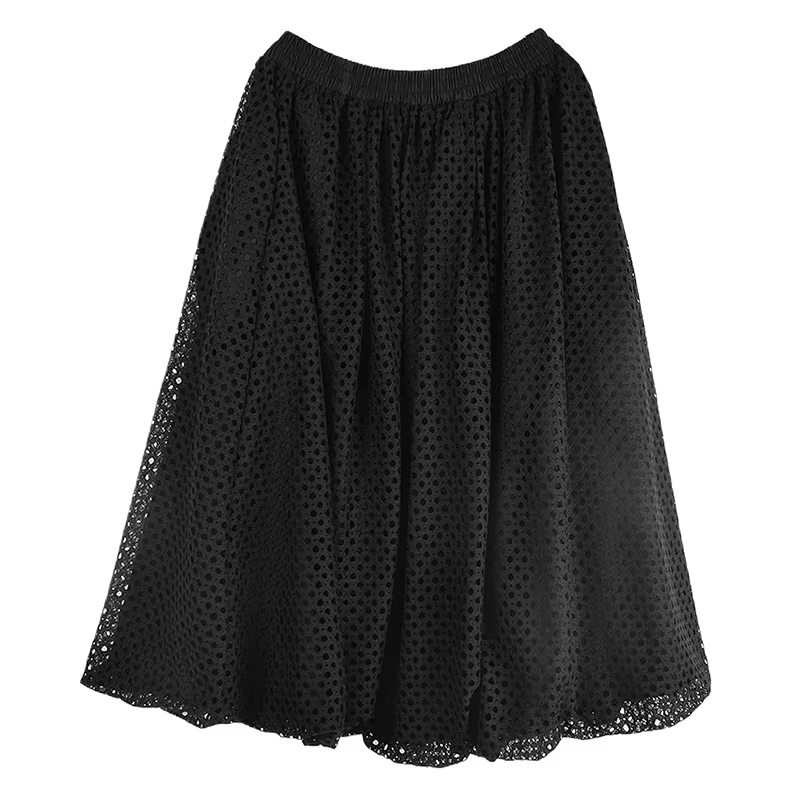 XITAO Hollow Out Mesh Casual Skirt Solid Color Loose Fitting A-line Mid-calf New Lace Dark Fashion Autumn Female Skirt GMM1236