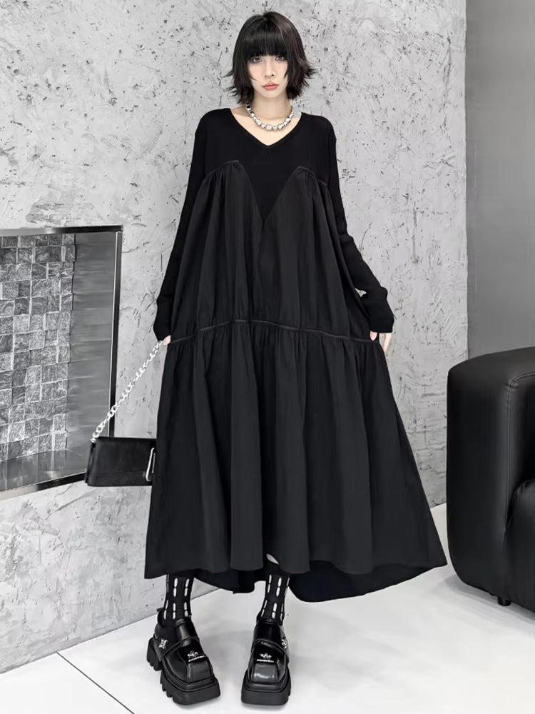 XITAO A-line Casual Solid Color V-neck Female Mid-calf Dress Grace Patchwork Full Sleeve Knitting Autumn Women Dress GMM1143