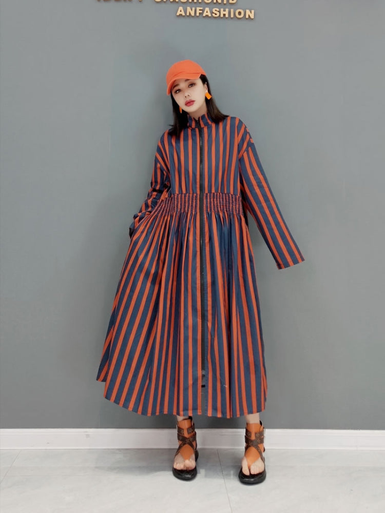 XITAO Striped Dress Fashion Stand Collar Loose Pleated Shrink Waist Shirt Dress Spring Summer Simplicity Women GWJ2751