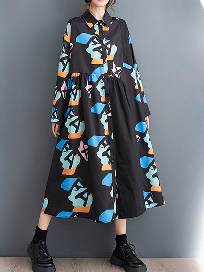 XITAO Contrast Color Print Dress Loose Fashion Long Sleeve Turn-down Collar Shirt Dress Initial Spring New Women LYD1471