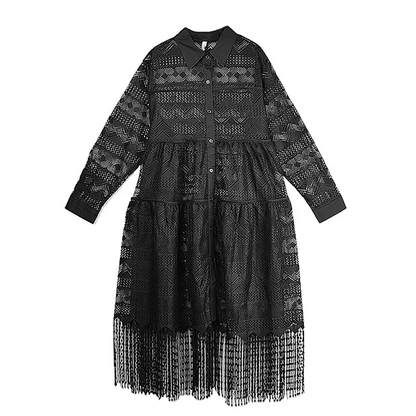 XITAO Loose Hollow Out Tassel Dress Fashion Long Sleeve Solid Color Big Hem Women Autumn New Casual Patchwork Dress GYX1014