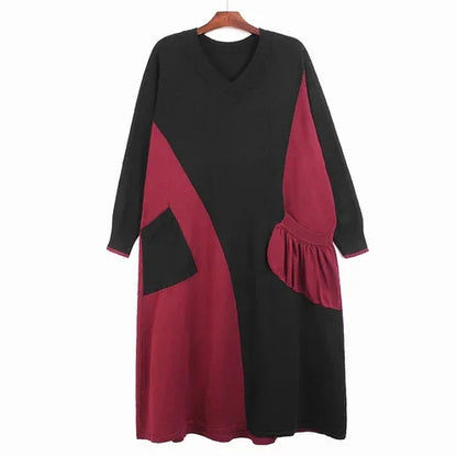 XITAO Asymmetrical Contrast Color Dress Knitting Loose Folds Pocket Casual V-neck Women Fashion Spring New Sweater WLD13285