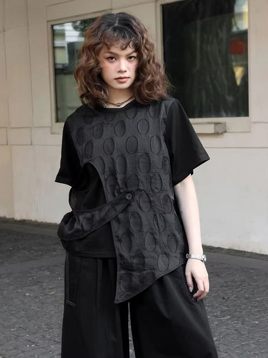 XITAO Gauze Asymmetrical Single Button T-Shirts Solid Color Patchwork O-neck Short Sleeve Pullover Loose Casual Top HQQ2435