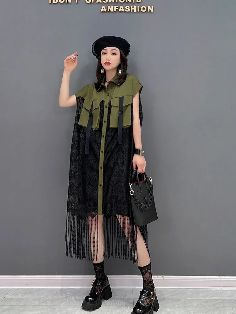 XITAO Mesh Dress Fashion Patchwork Small Fresh Single Breasted Goddess Fan Summer Minority Loose Elegant Dress ZY7350