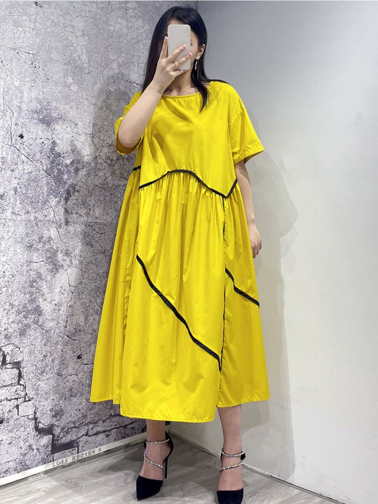 XITAO Casual Fashion T-shirt Dress Loose Simplicity Temperament Contrast Color Line Decoration Dress Summer New Women ZY8437