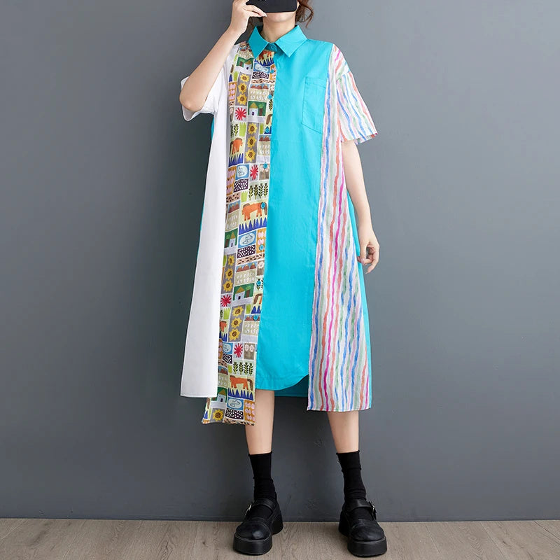 XITAO Personality Print Shirt Dress Asymmetrical Contrast Color Short Sleeve Loose Summer Fashion New Women Striped Dress ZY8808