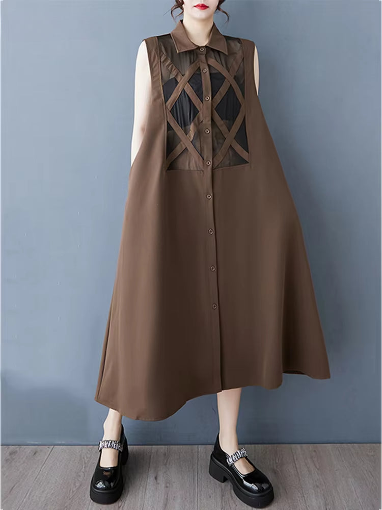 XITAO Patchwork Mesh Dress Turn-down Collar Casual Solid Color Sleeveless Lapel Fashion Sweet Spring Women Dress GYX1407