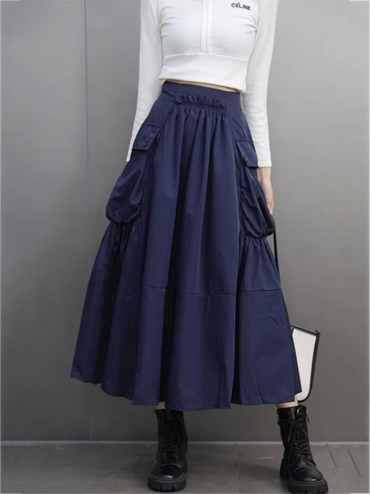 XITAO Pocket Patchwork Folds Solid Color Skirt A-line Mid-calf Fashion All Match Slimming Casual Temperament Loose Skirt GMM1341